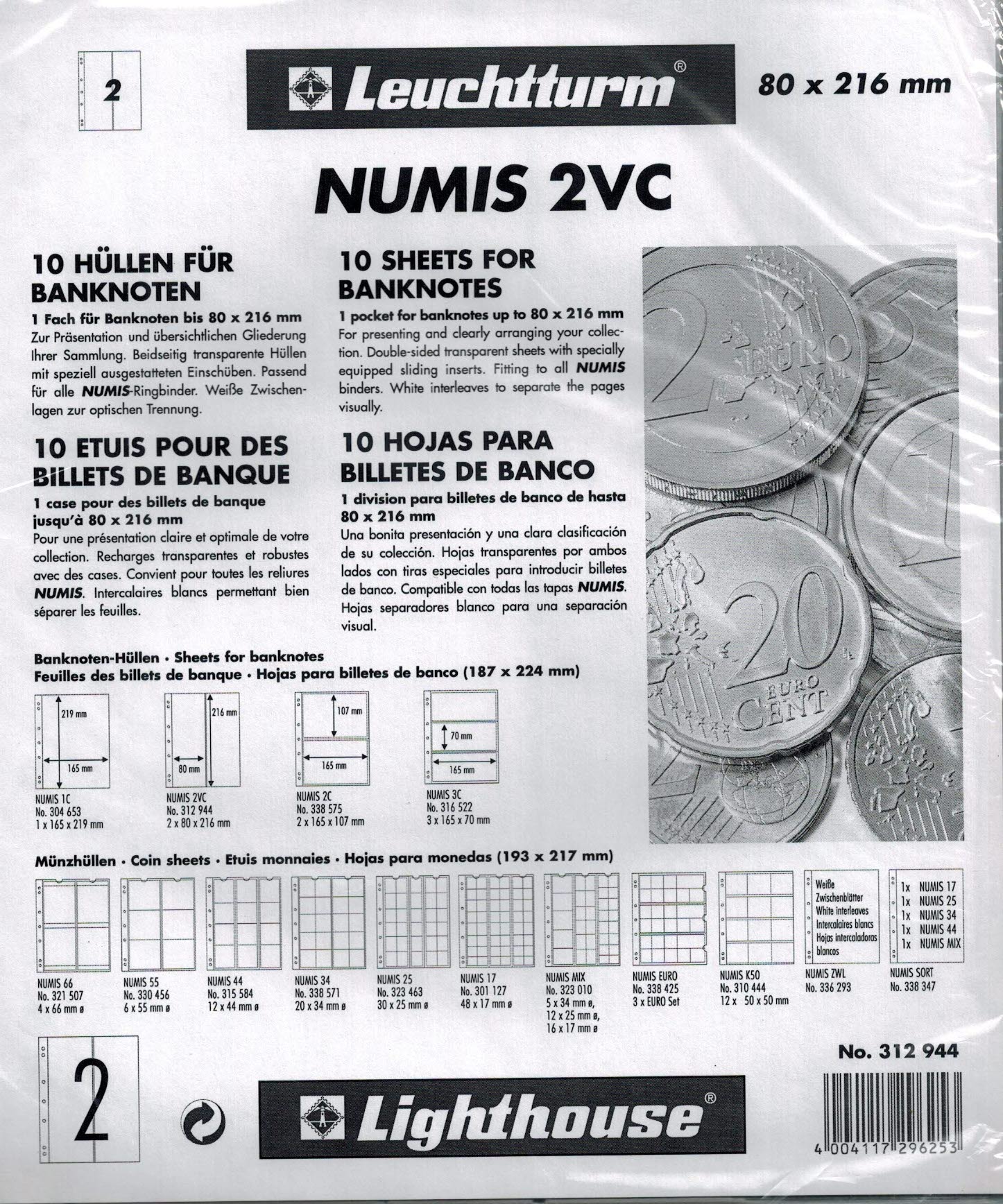 Folhas NUMIS para notas de banco at 80x216 mm